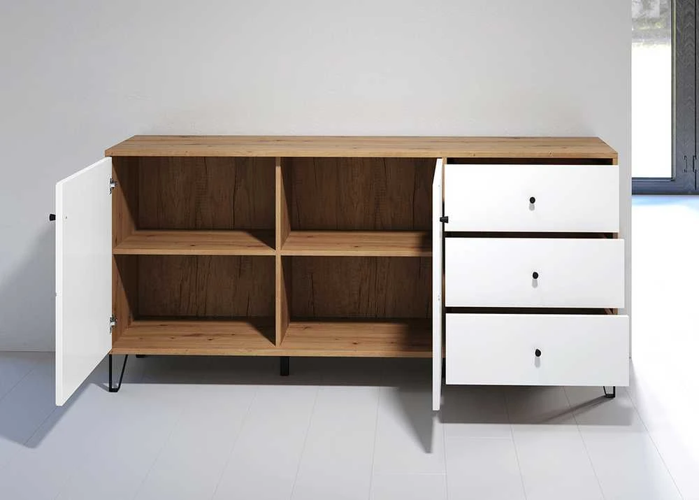 Komoda Touch, 183 x 40 x 76 cm, matinė balta / ąžuolas