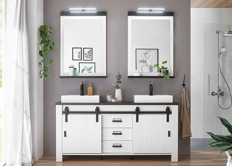 Praustuvo spintelė su 2 praustuvėmis Sherwood, 164 x 43 x 91 cm, balta / pilka