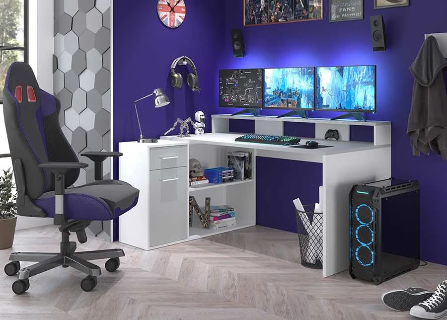 Rašomasis stalas Gamer, 160 x 115 x 92 cm, balta / šviesiai pilka