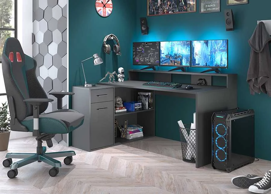 Rašomasis stalas Gamer, 160 x 115 x 92 cm, matinis antracitas