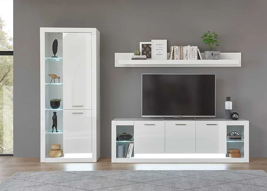 Sieninė lentyna Meran, 198 x 20 x 21 cm, baltas blizgus