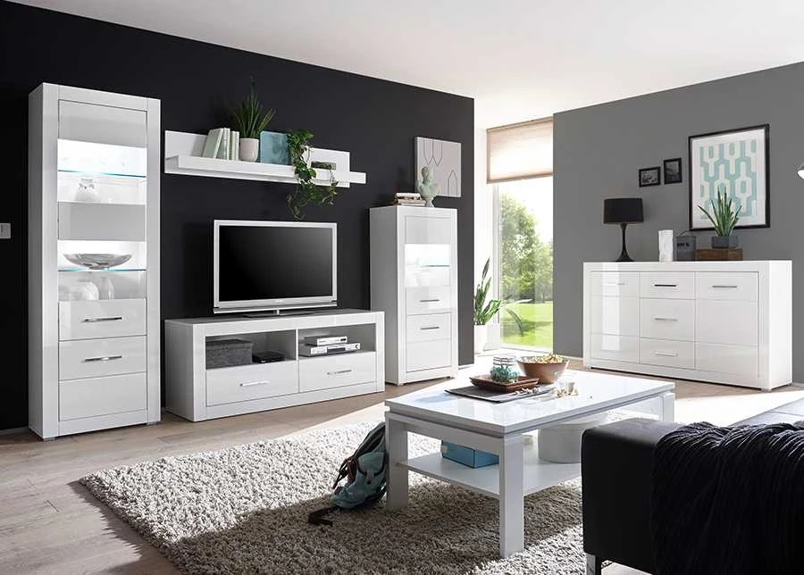 TV staliukas Bianco, 150 x 45 x 61 cm, baltas blizgesys