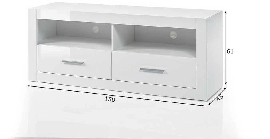 TV staliukas Bianco, 150 x 45 x 61 cm, baltas blizgesys