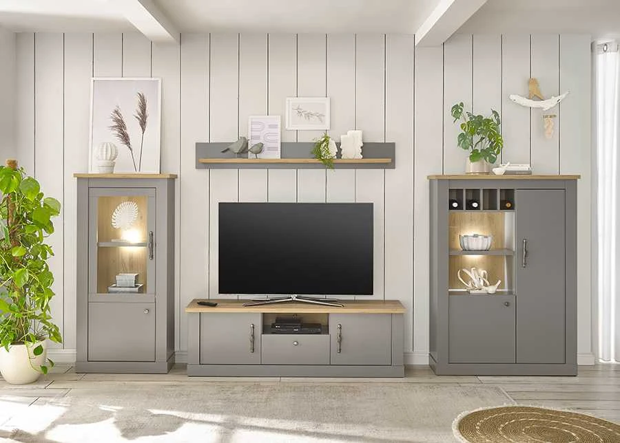 TV staliukas Chambord, 155 x 44 x 48 cm, šviesiai pilka / ąžuolinė