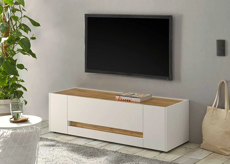 TV staliukas City, 140 x 44 x 42 cm, balta / ąžuolinė