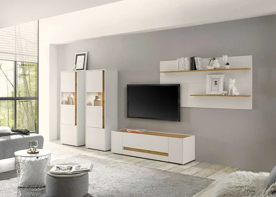 TV staliukas City, 140 x 44 x 42 cm, balta / ąžuolinė