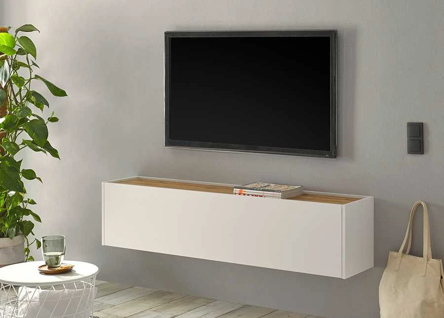 TV staliukas City, 150 x 30 x 35 cm, balta / ąžuolinė