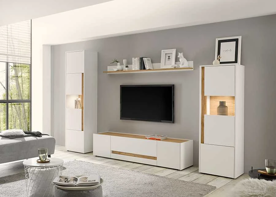 TV staliukas City, 170 x 45 x 42 cm, balta / ąžuolinė