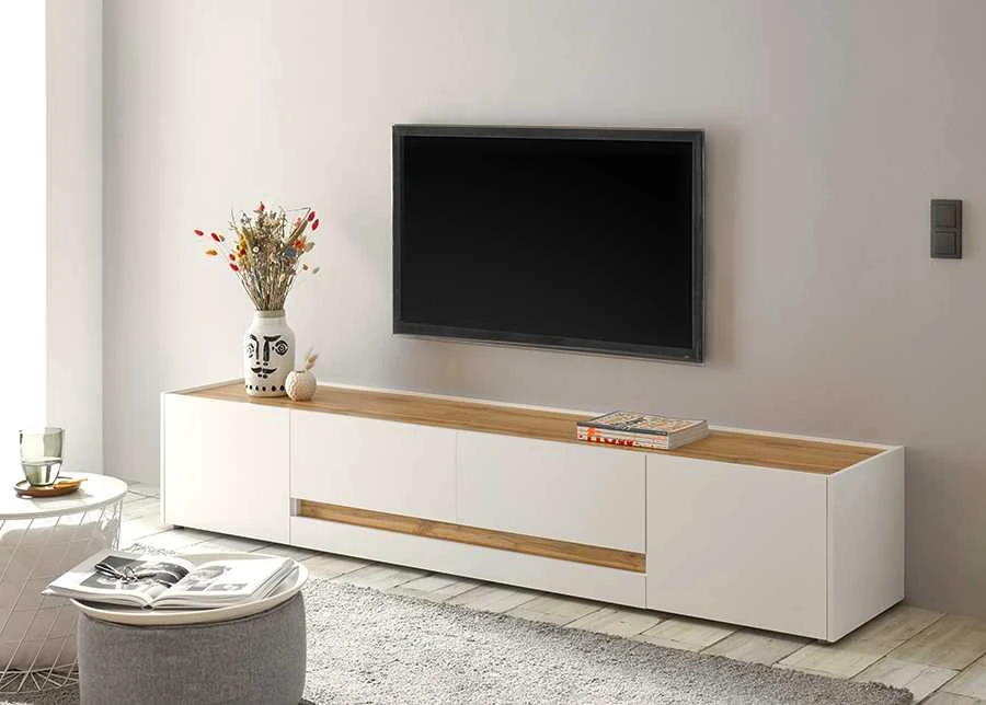 TV staliukas City, 223 x 45 x 42 cm, balta / ąžuolinė