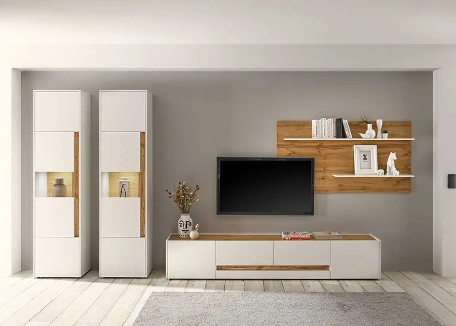 TV staliukas City, 223 x 45 x 42 cm, balta / ąžuolinė