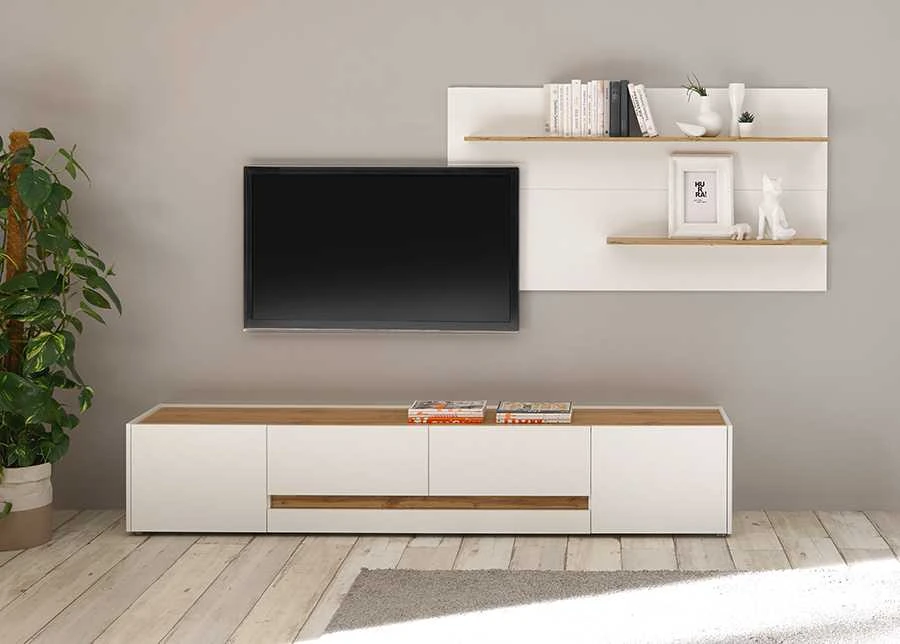 TV staliukas City, 223 x 45 x 42 cm, balta / ąžuolinė