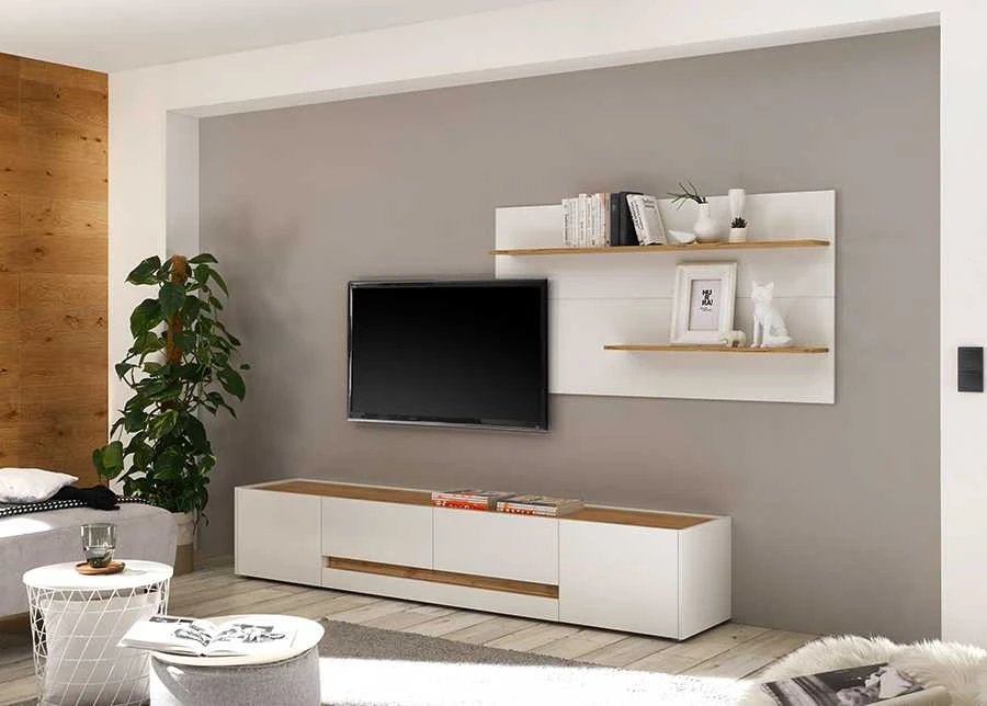 TV staliukas City, 223 x 45 x 42 cm, balta / ąžuolinė