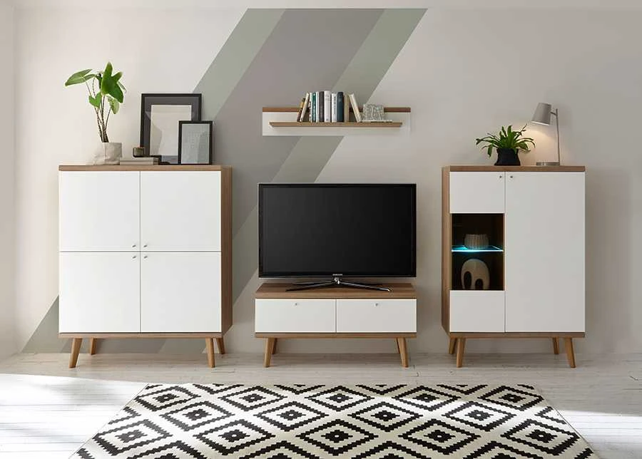 TV staliukas Lena, 107 x 40 x 50 cm, balta / ąžuolas