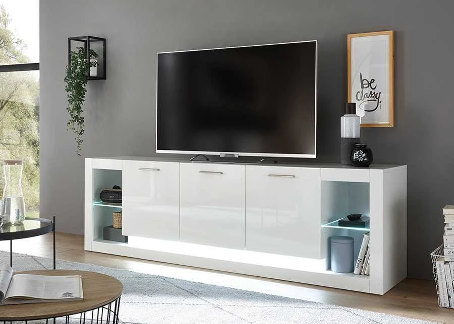 TV staliukas Meran, 198 x 43 x 49 cm, baltas blizgus