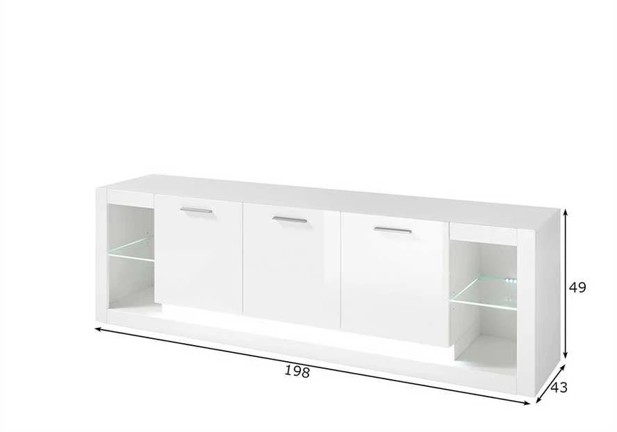 TV staliukas Meran, 198 x 43 x 49 cm, baltas blizgus