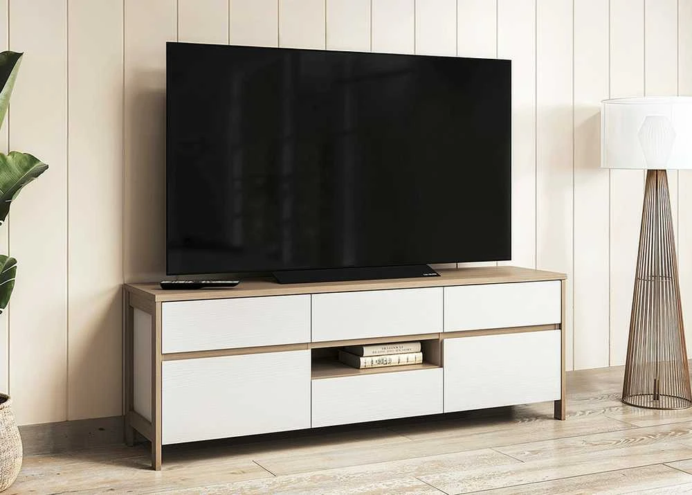 TV staliukas Stranda, 164 x 39 x 58 cm, balta / ąžuolas