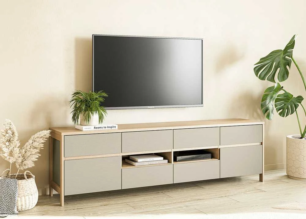 TV staliukas Stranda, 193 x 39 x 58 cm, pilkai žalia / ąžuolas