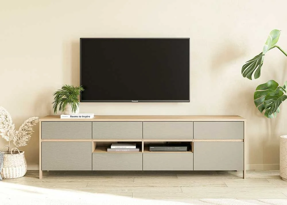 TV staliukas Stranda, 193 x 39 x 58 cm, pilkai žalia / ąžuolas