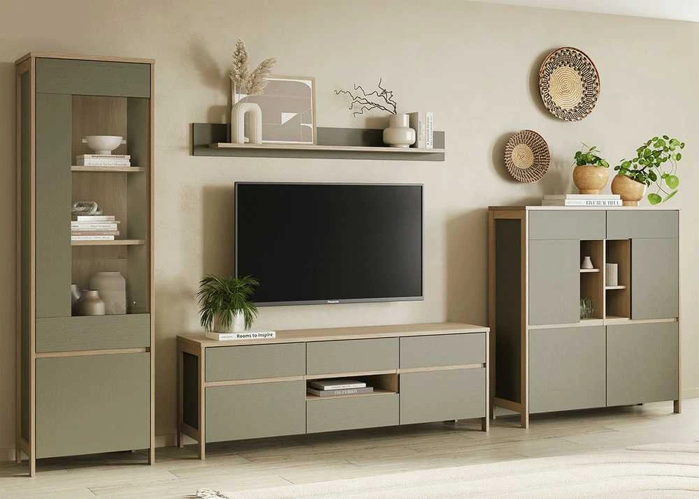 TV staliukas Stranda, 164 x 39 x 58 cm, pilkai žalia / ąžuolas