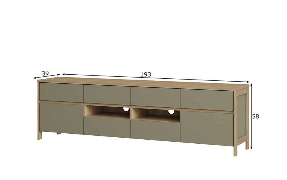 TV staliukas Stranda, 193 x 39 x 58 cm, pilkai žalia / ąžuolas