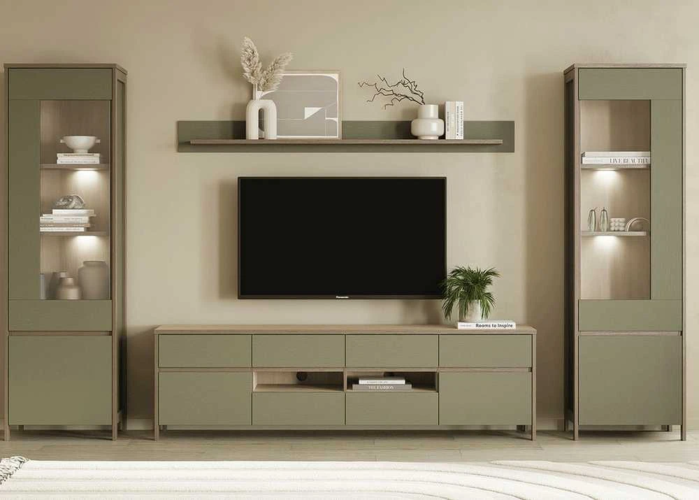 TV staliukas Stranda, 193 x 39 x 58 cm, pilkai žalia / ąžuolas