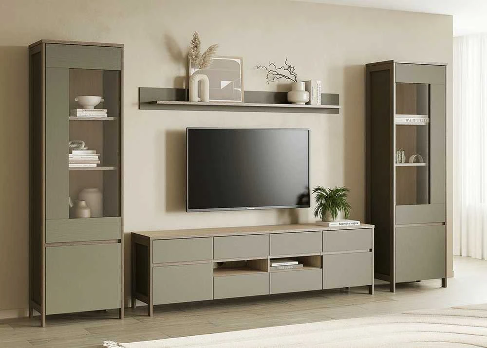 TV staliukas Stranda, 193 x 39 x 58 cm, pilkai žalia / ąžuolas