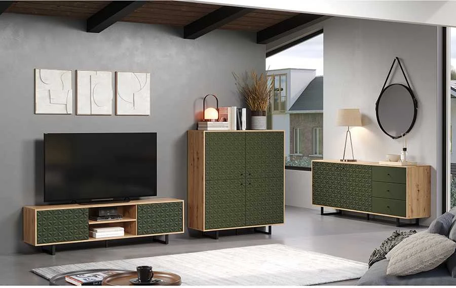TV staliukas Sentra, 184 x 40 x 52 cm, tamsiai žalia / ąžuolas