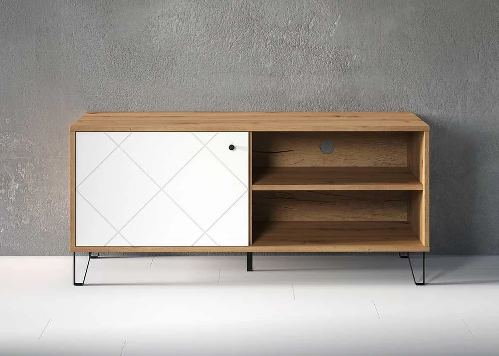 TV staliukas Touch, 123 x 40 x 56 cm, matinė balta / ąžuolas