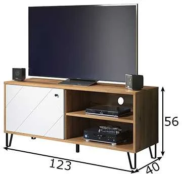 TV staliukas Touch, 123 x 40 x 56 cm, matinė balta / ąžuolas