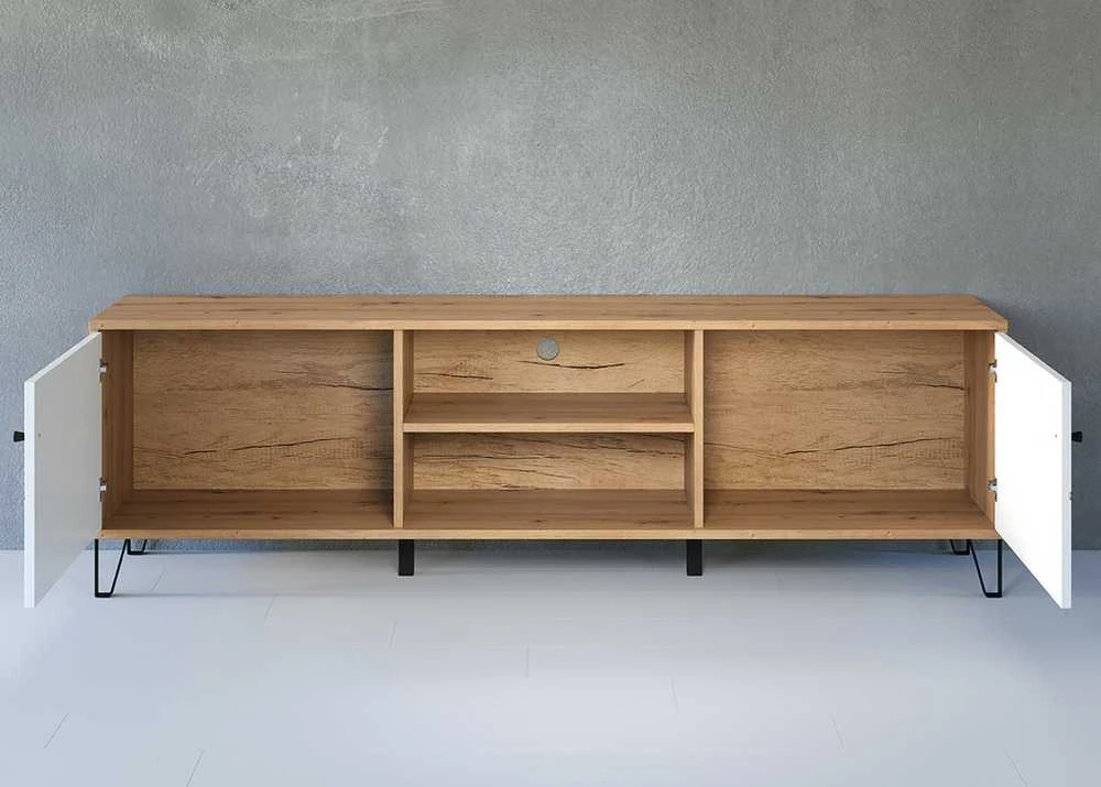 TV staliukas Touch, 183 x 40 x 56 cm, matinė balta / ąžuolas
