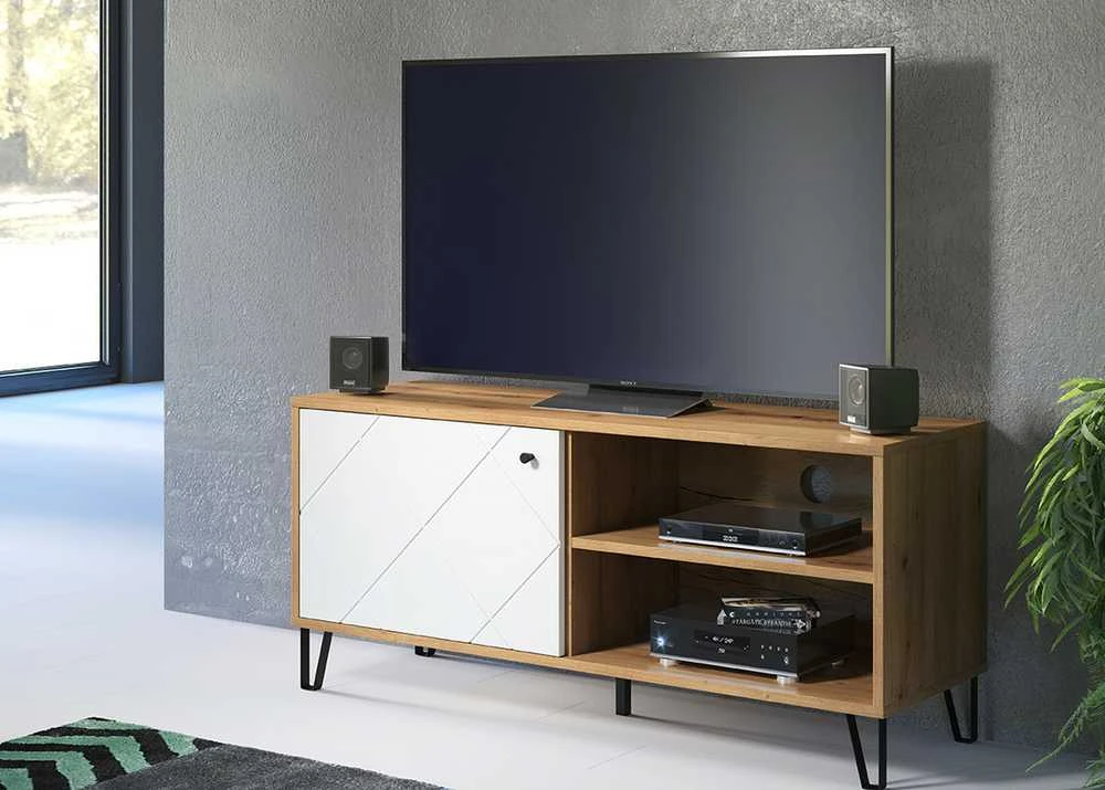TV staliukas Touch, 123 x 40 x 56 cm, matinė balta / ąžuolas