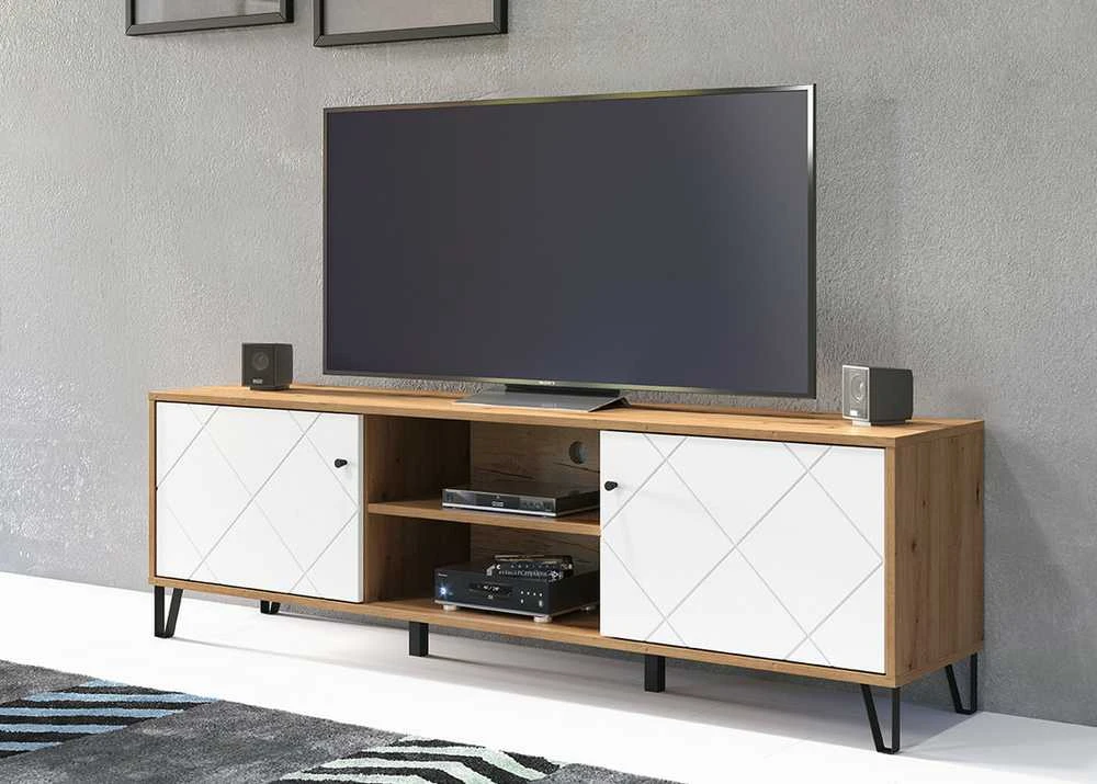 TV staliukas Touch, 183 x 40 x 56 cm, matinė balta / ąžuolas