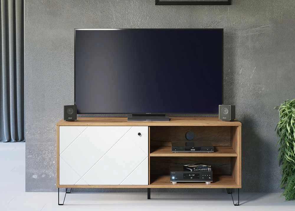 TV staliukas Touch, 123 x 40 x 56 cm, matinė balta / ąžuolas