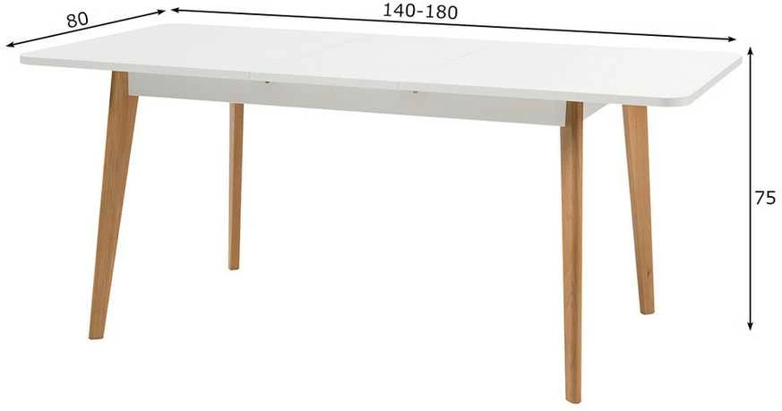 Valgomojo stalas Lena, 140-180 x 80 x 75 cm, balta / ąžuolas