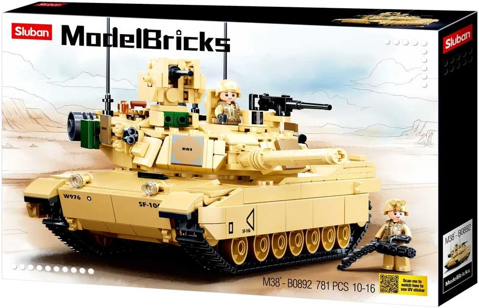 Sluban M1A2 SEP V2 Abrams kovinio tanko konstruktorius – 781 detalių, 29 cm, 6+