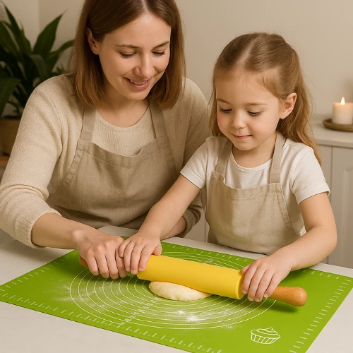 Winder Home Didelė žalia silikoninė tešlos kočiojimo lenta XL su geltonu silikoniniu kočėlu – kepinių rinkinys