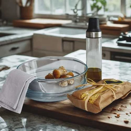 Winder Home Ovalus karščiui atsparus stiklinis indas 1,7 L su dangčiu + įvairių spalvų silikoninės virtuvinės pirštinės
