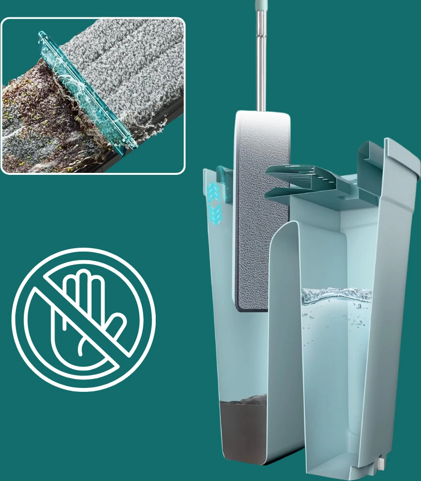 Winder Home Plokščia šluota su dviem skyriais kibiru ir 3 mikropluošto šluostėmis – mėtų spalvos 37 cm