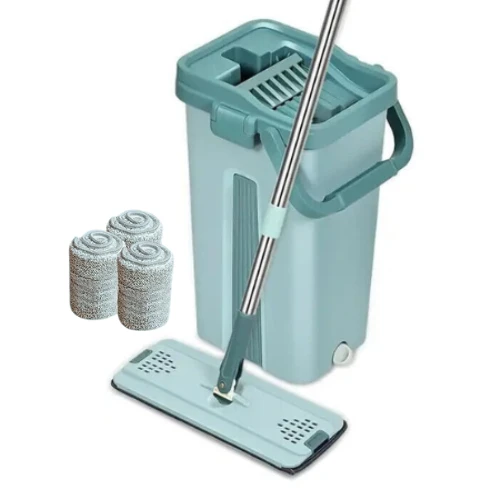 Winder Home Plokščia šluota su dviem skyriais kibiru ir 3 mikropluošto šluostėmis – mėtų spalvos 37 cm
