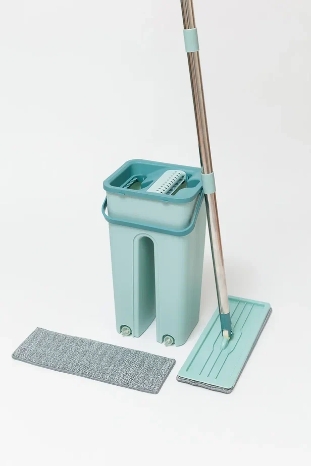 Winder Home Plokščia šluota su dviem skyriais kibiru ir 3 mikropluošto šluostėmis – mėtų spalvos 37 cm