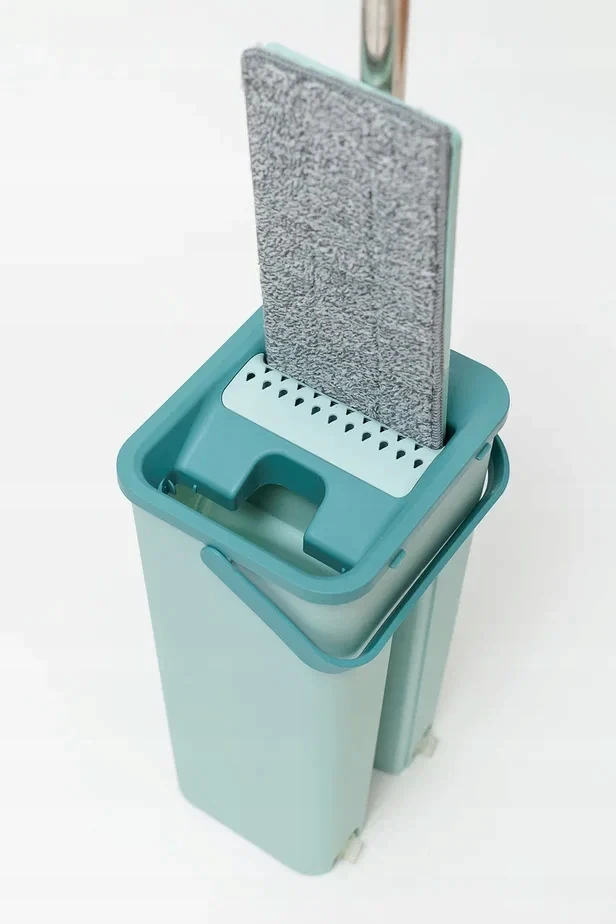 Winder Home Plokščia šluota su dviem skyriais kibiru ir 3 mikropluošto šluostėmis – mėtų spalvos 37 cm