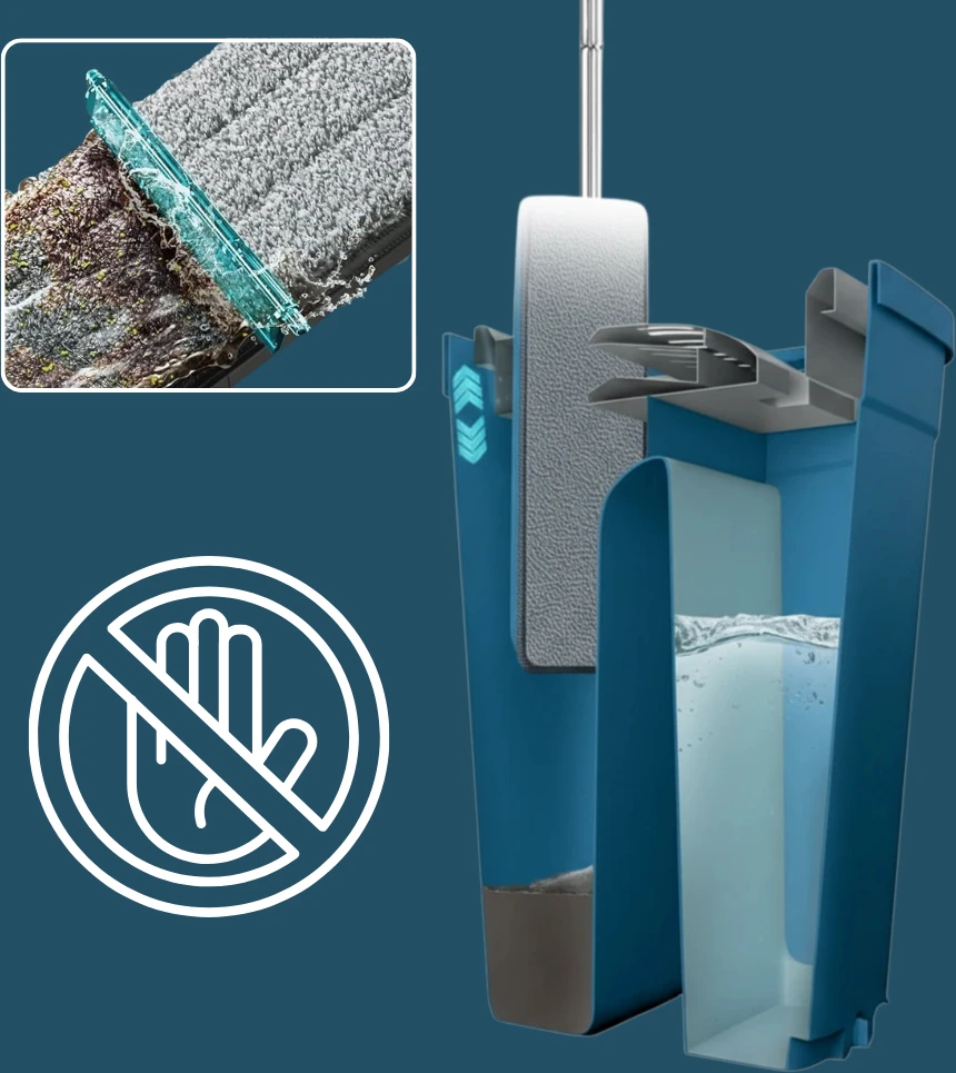 Winder Home Plokščia šluota su dviem skyriais kibiru ir 3 mikropluošto šluostėmis – mėlyna ,37 cm