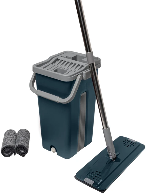 Winder Home Plokščia šluota su dviem skyriais kibiru ir 3 mikropluošto šluostėmis – mėlyna ,37 cm