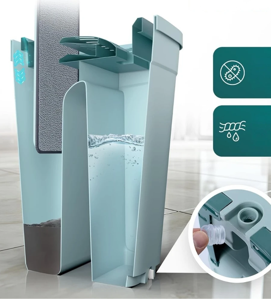 Winder Home Plokščia šluota su dviem skyriais kibiru ir 3 mikropluošto šluostėmis – mėtų spalvos 37 cm