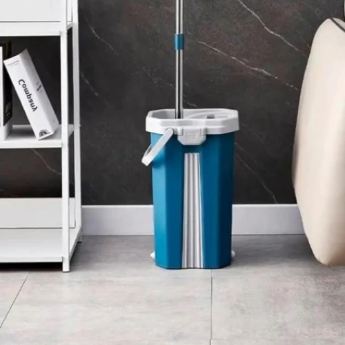 Winder Home Plokščia šluota su dviem skyriais kibiru ir 3 mikropluošto šluostėmis – mėlyna ,37 cm