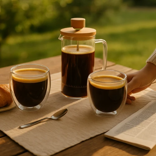 Winder Home Rinkinys: 2 borosilikatinės stiklinės po 250 ml + stūmoklinis kavinukas French Press 350 ml su bambukiniu dangteliu