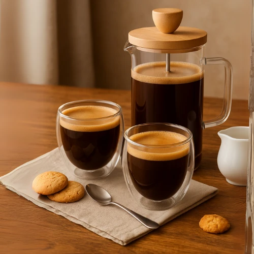 Winder Home Rinkinys: 2 borosilikatinės stiklinės po 250 ml + stūmoklinis kavinukas French Press 350 ml su bambukiniu dangteliu