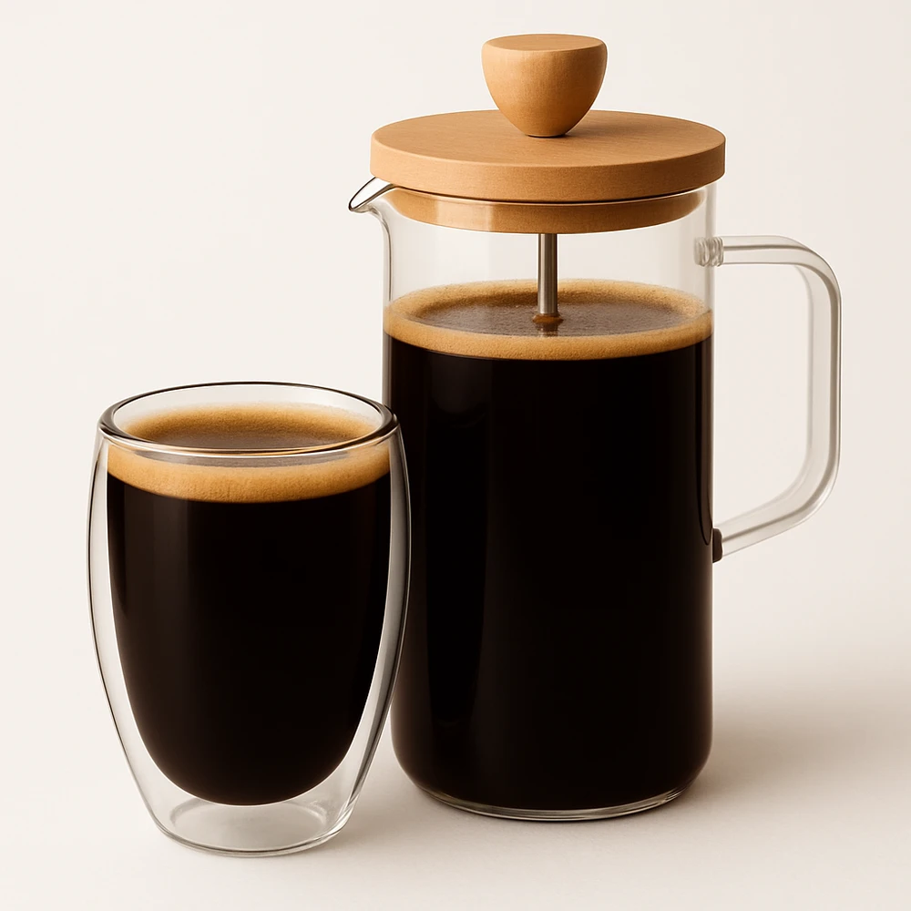 Winder Home Set: 2 Borosilicate Glass Cups 350 ml + French Press 350 ml with Bamboo Lid