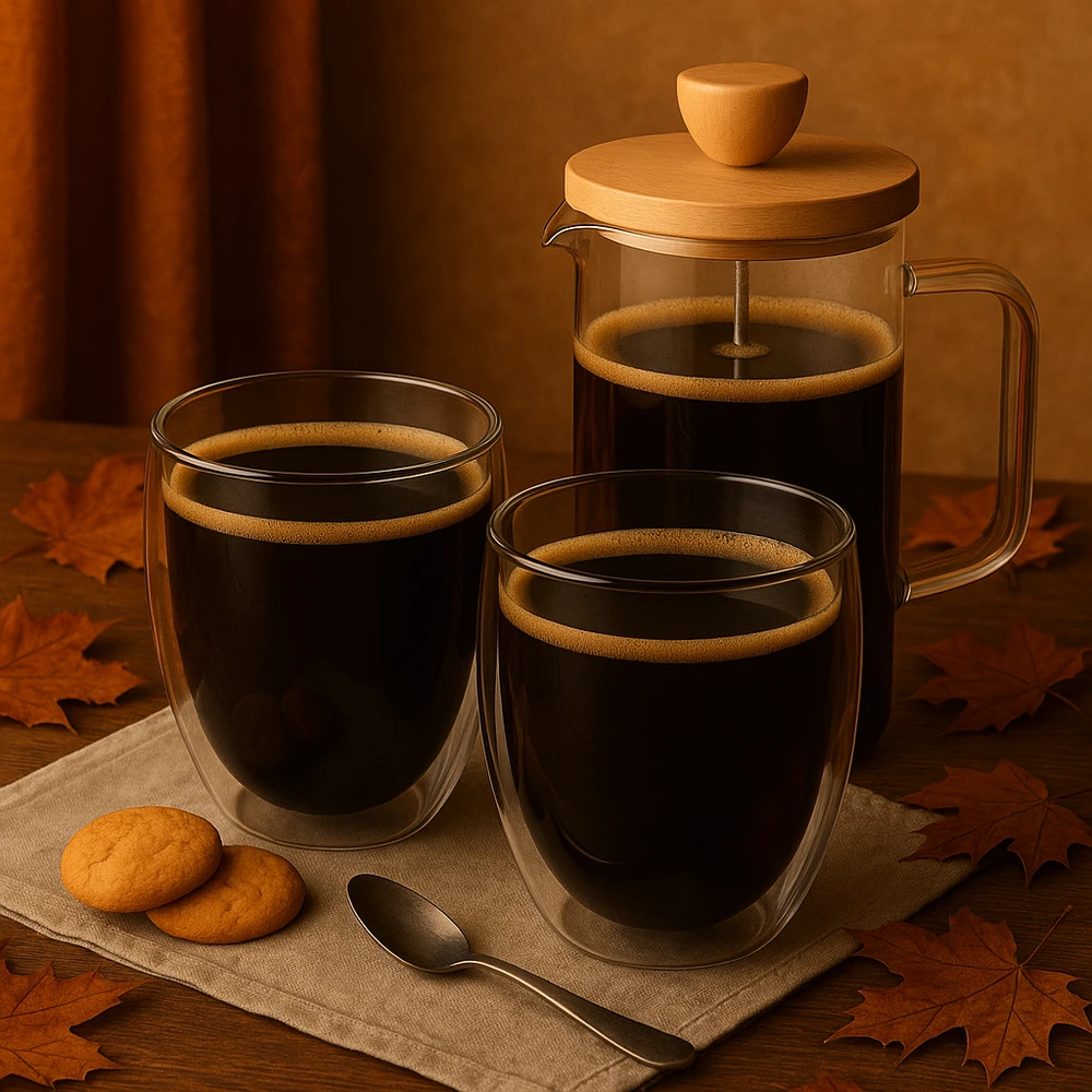 Winder Home Set: 2 Borosilicate Glass Cups 350 ml + French Press 350 ml with Bamboo Lid