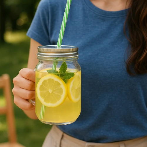 Winder Home Stiklinė su dangteliu ir šiaudeliu – 450 ml, 1 vnt., stiklinis indas gėrimams